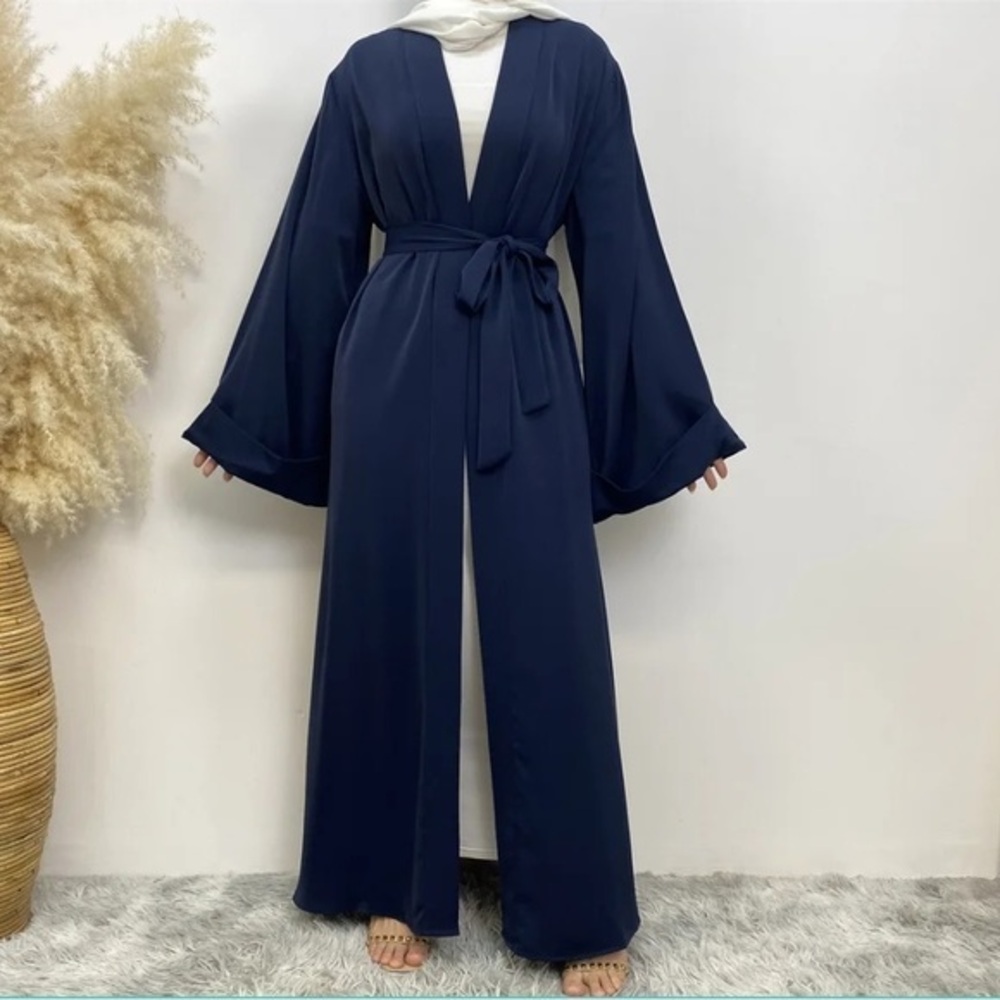 Navy Blue abaya Islamic dress Open front abaya with pockets and belt